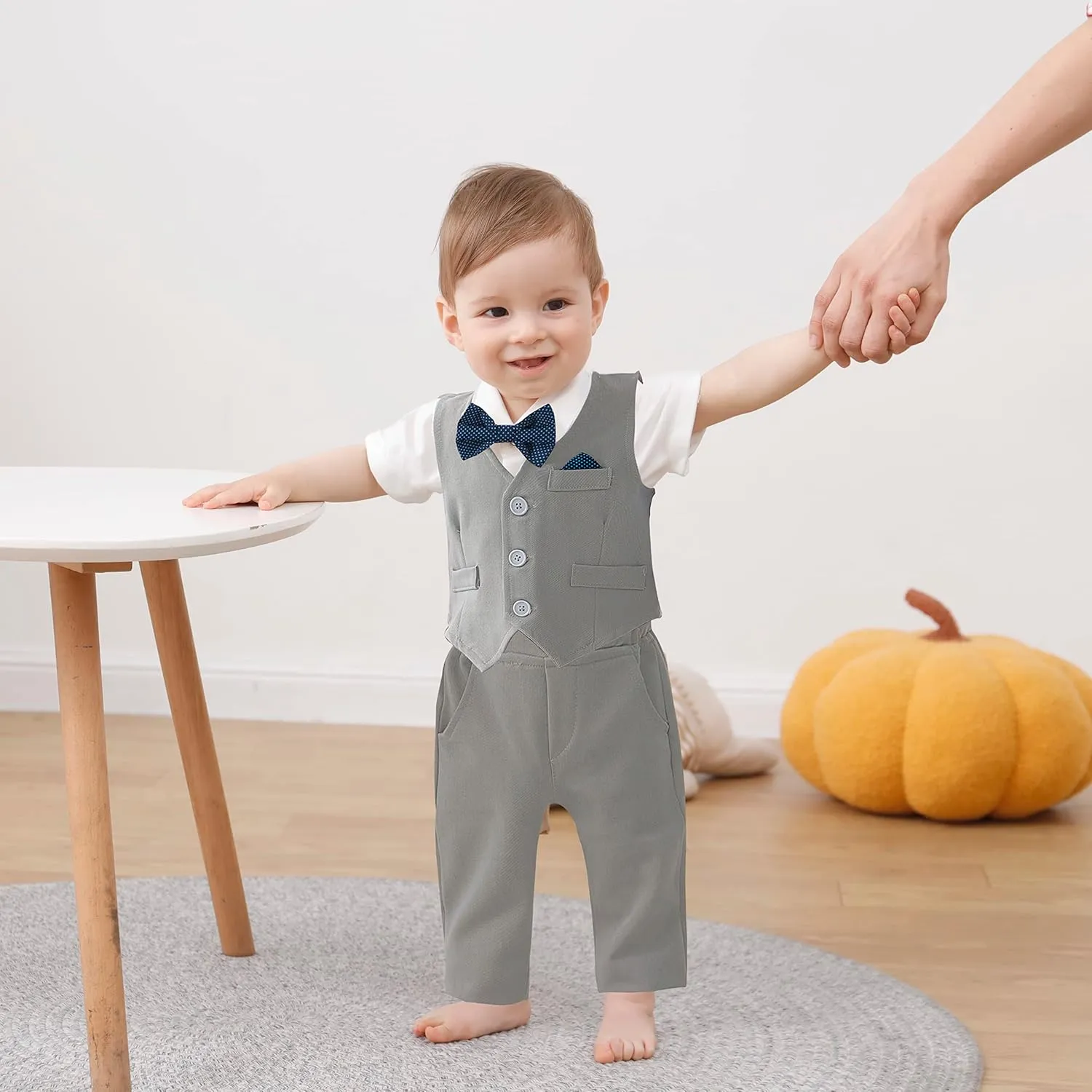 DISAUR Baby Boy Clothes Toddler Boy Outfits 4PCS Gentleman Dress Romper/Vest/Pants/Bow Tie Cotton Suit Sets