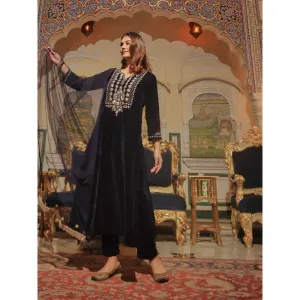 Divena Royal Blue Velvet hand work Kurta pant With Net Dupatta set (Set of 3)