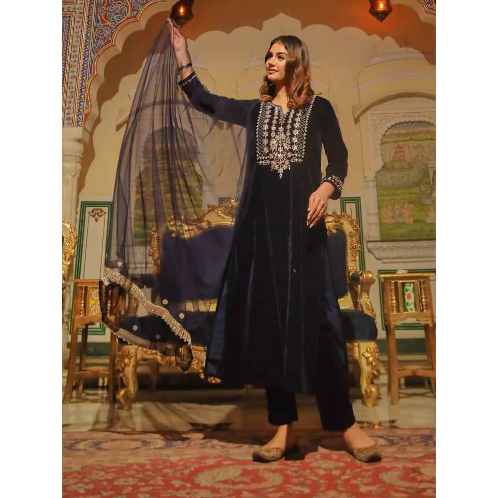 Divena Royal Blue Velvet hand work Kurta pant With Net Dupatta set (Set of 3)