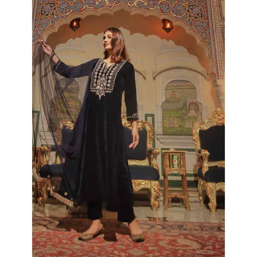 Divena Royal Blue Velvet hand work Kurta pant With Net Dupatta set (Set of 3)