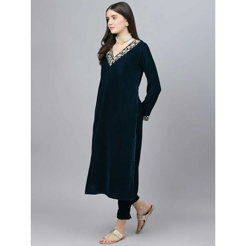 Divena Teal Green Velvet Hand Work Kurta Pant with Organza Dupatta (Set of 3)