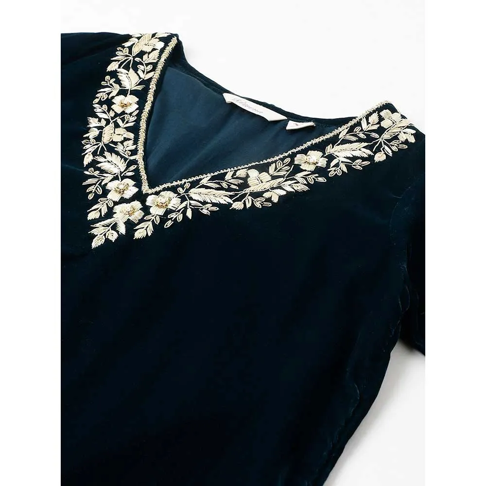 Divena Teal Green Velvet Hand Work Kurta Pant with Organza Dupatta (Set of 3)