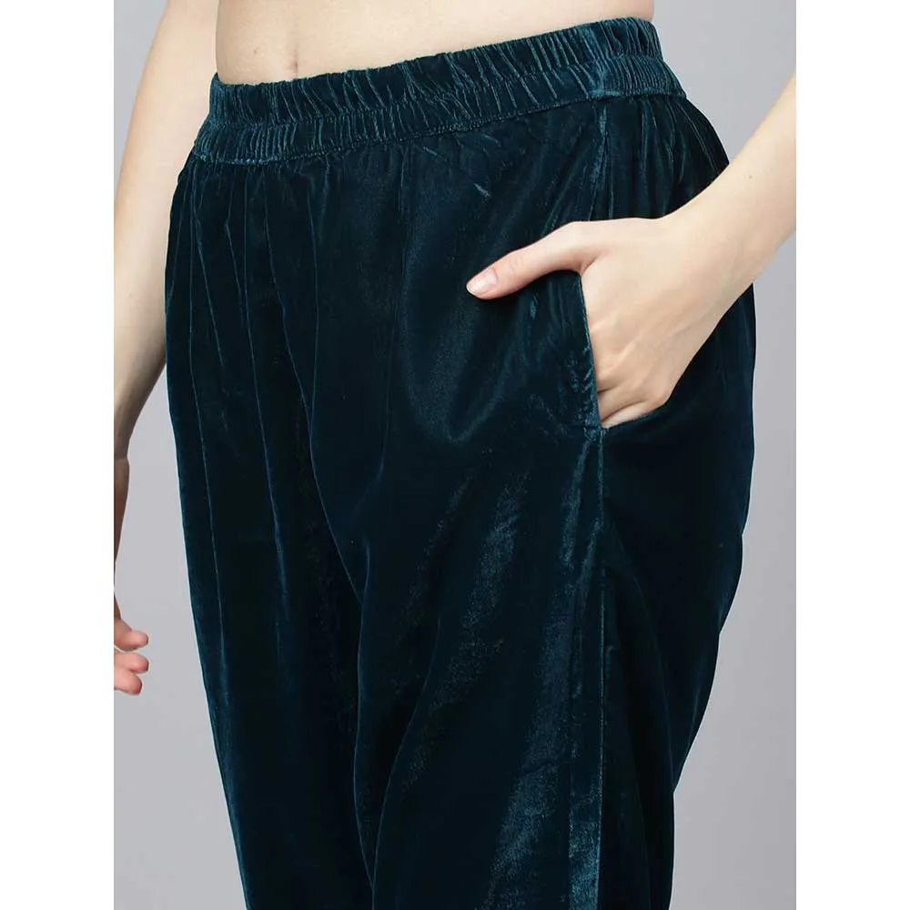 Divena Teal Green Velvet Hand Work Kurta Pant with Organza Dupatta (Set of 3)