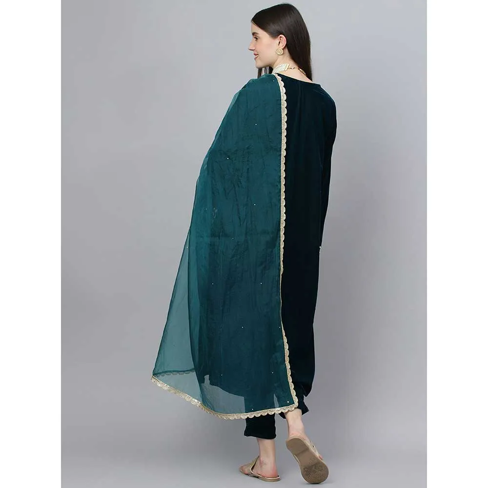 Divena Teal Green Velvet Hand Work Kurta Pant with Organza Dupatta (Set of 3)