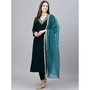 Divena Teal Green Velvet Hand Work Kurta Pant with Organza Dupatta (Set of 3)