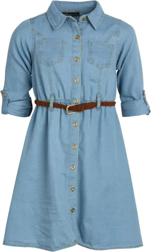 dollhouse Girls' Denim Dress - Casual Long Sleeve Jean Dress for Girls - Button Down Blue Knee Level Dresses for Girls (7-16)