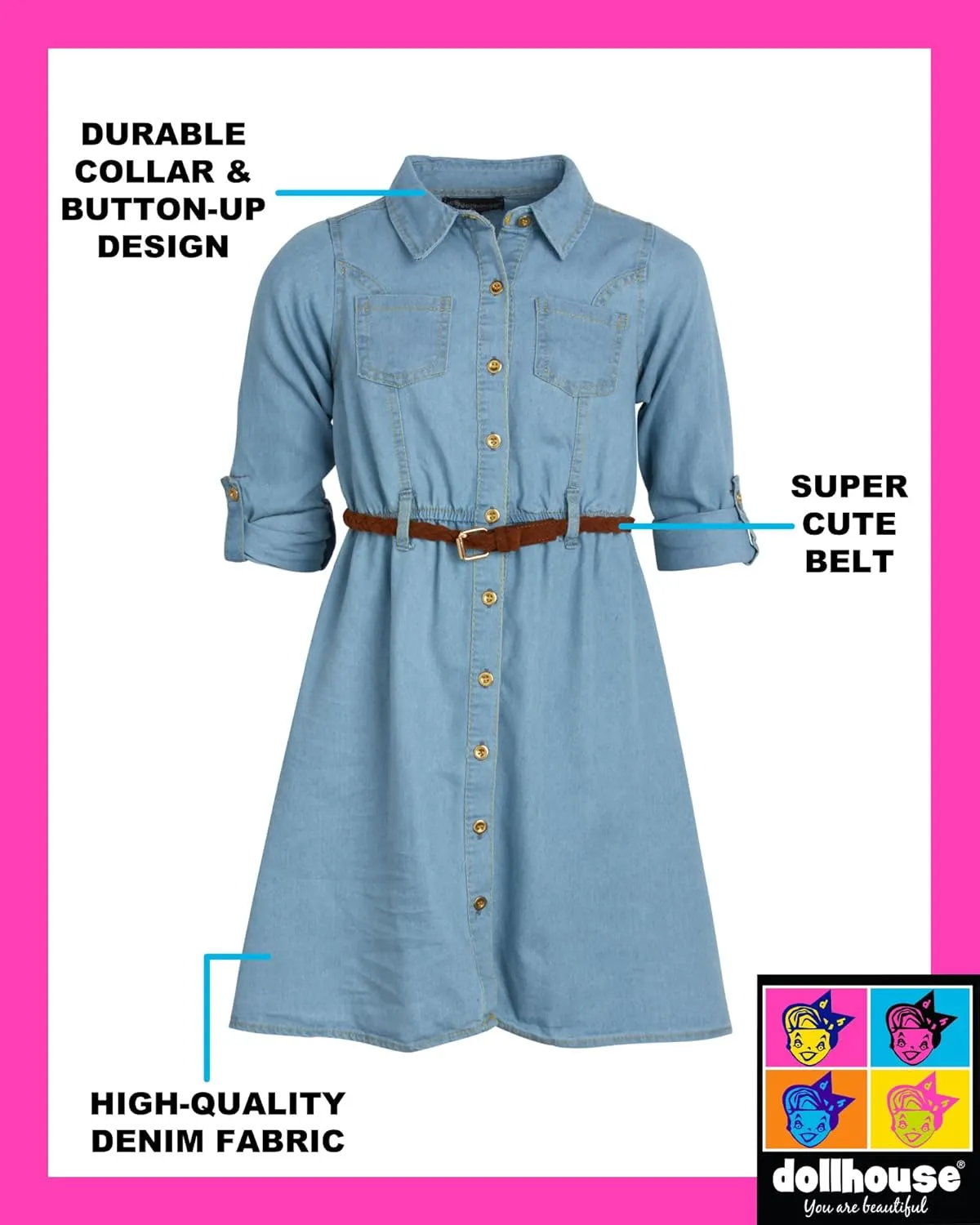 dollhouse Girls' Denim Dress - Casual Long Sleeve Jean Dress for Girls - Button Down Blue Knee Level Dresses for Girls (7-16)