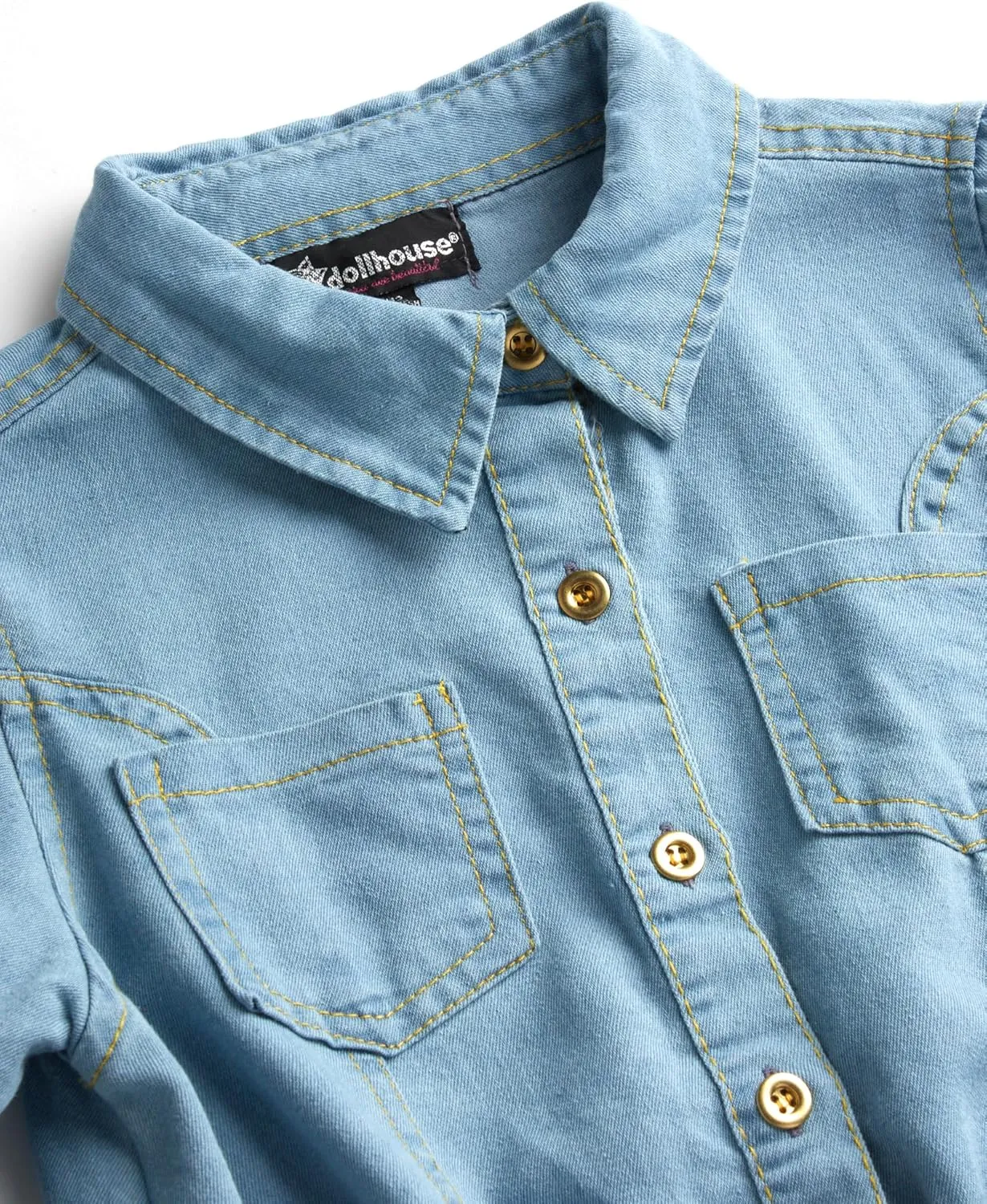 dollhouse Girls' Denim Dress - Casual Long Sleeve Jean Dress for Girls - Button Down Blue Knee Level Dresses for Girls (7-16)