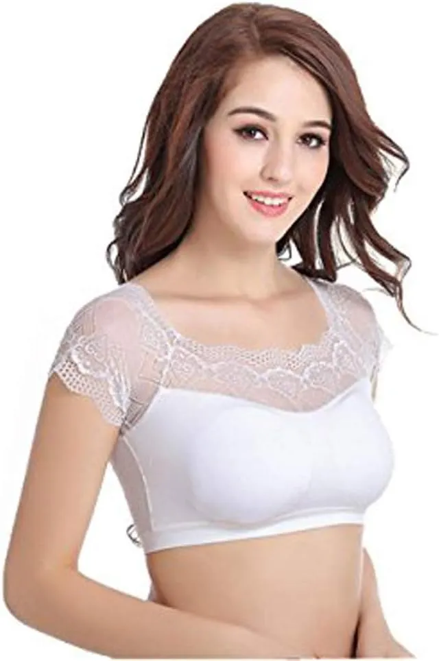 DRESHOW Lace Bralette Tank Tops Wireless Bra Lace Crop Top Padded Stretch Spaghetti Thin Strap Yoga Sports Bra for Women