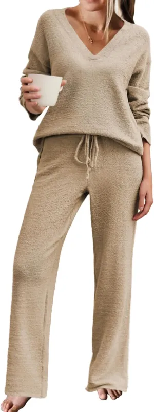 Ekouaer Pajamas for Women 2 Piece Lounge Set Fuzzy Fleece Long Sleeve Pullover Sweater Top Wide Leg Pants Set Outfits S-XXL