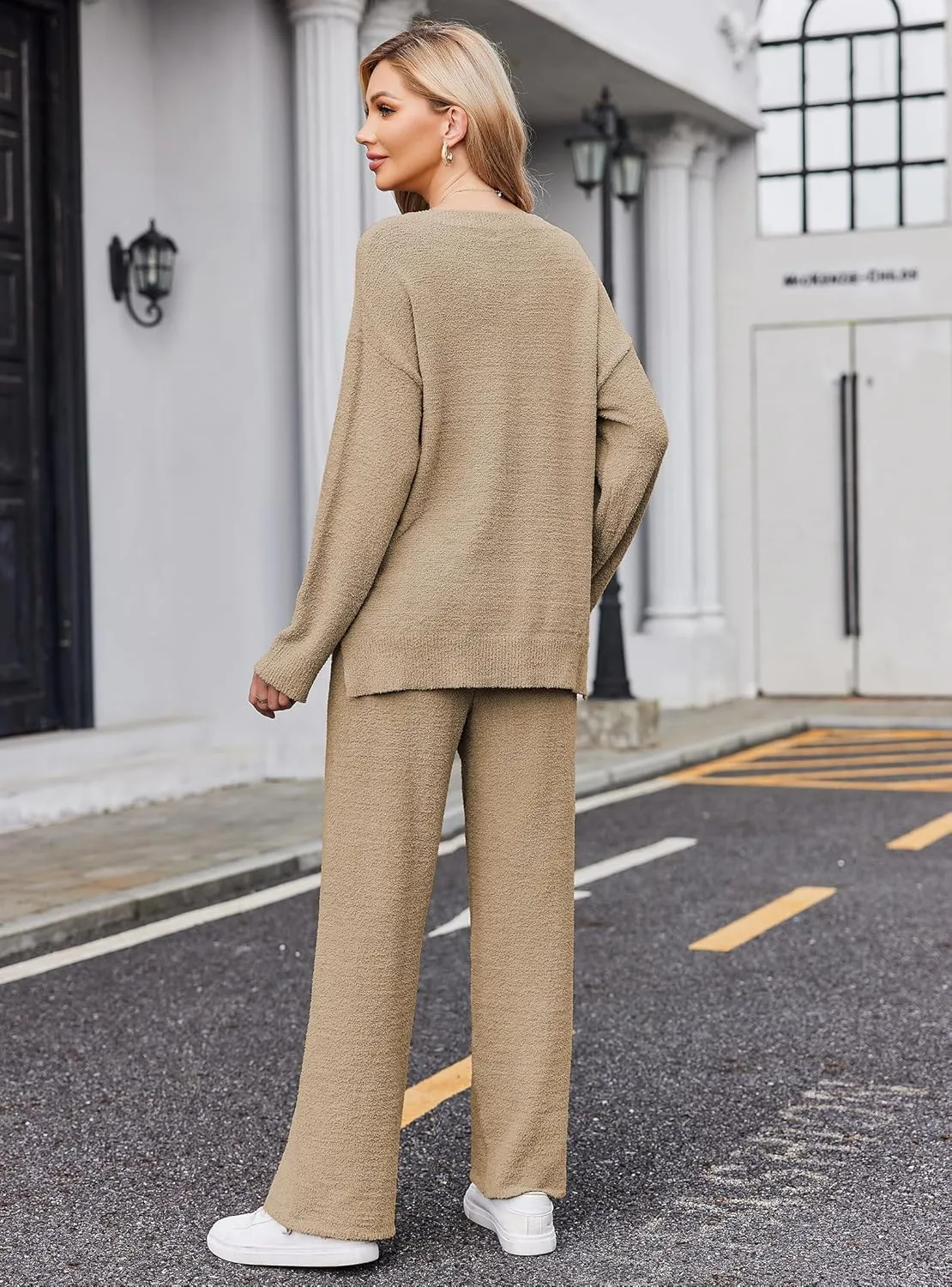 Ekouaer Pajamas for Women 2 Piece Lounge Set Fuzzy Fleece Long Sleeve Pullover Sweater Top Wide Leg Pants Set Outfits S-XXL