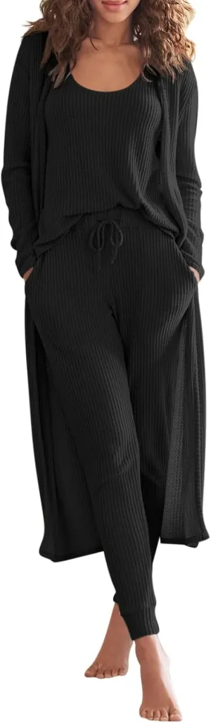 Eurivicy Womens Lounge Set Waffle Knit 3 Piece Pajama Sets Tank Tops Loose Pants with Long Cardigan Loungewear 2025