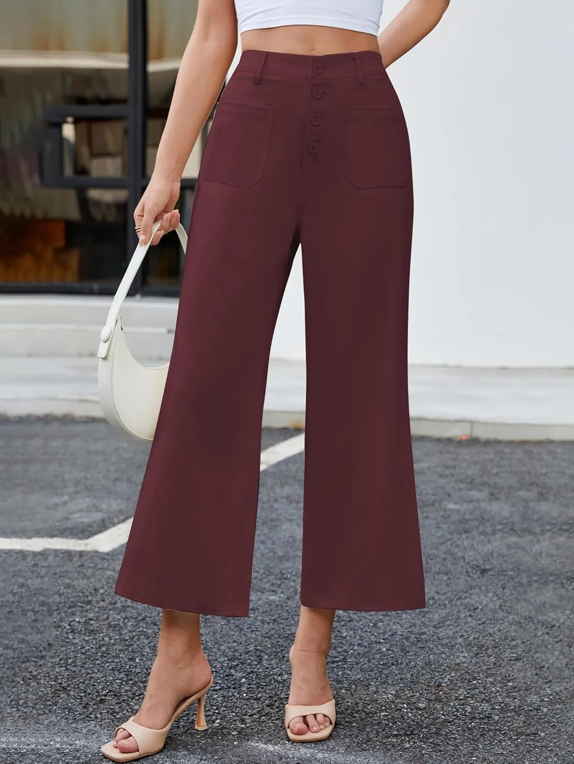 Famulily Womens Button Down Wide Leg High Elastic Waisted Capri Pants Casual Dressy Cropped Pants with Patch Pockets