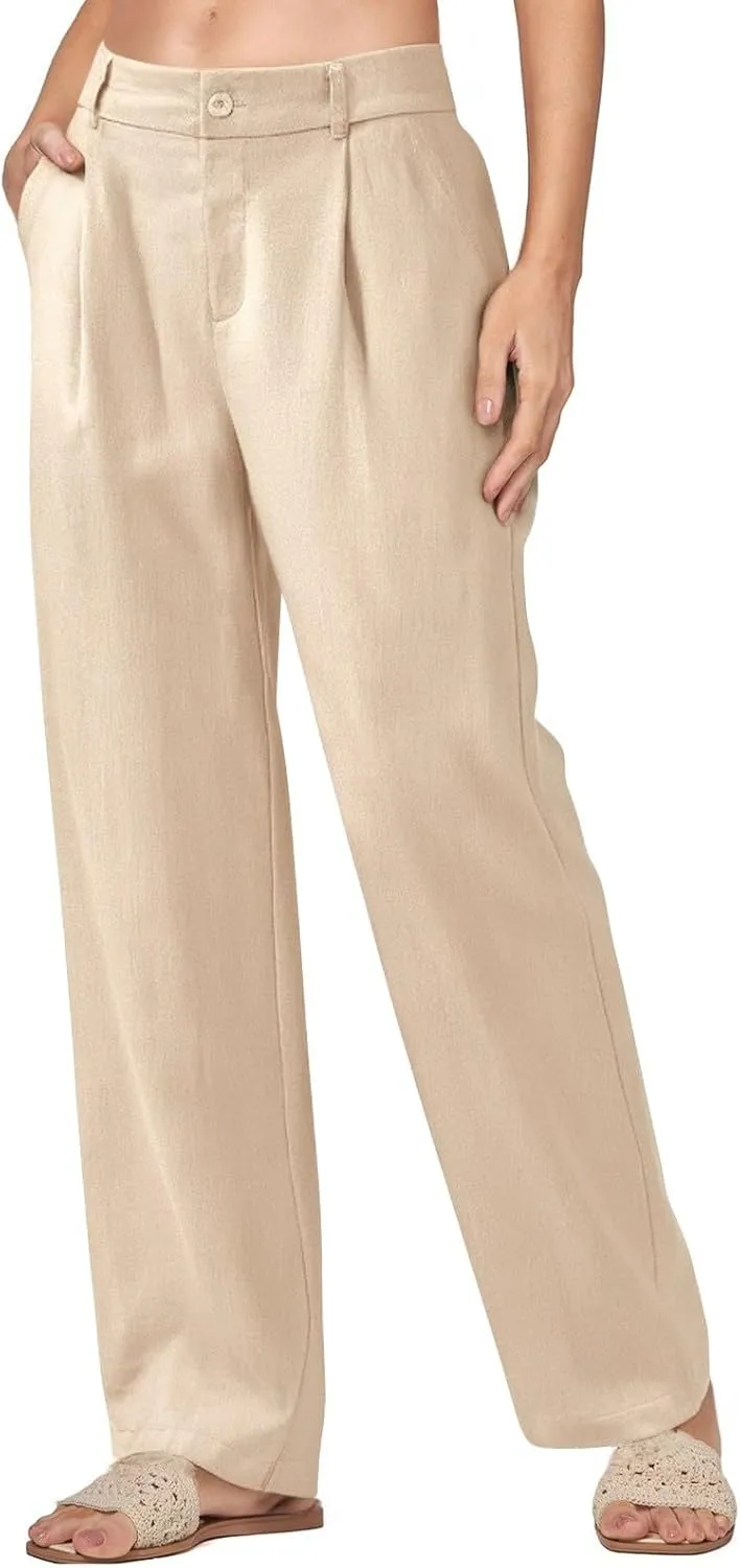 fanmpghleoo Linen Pants Women Summer Elastic High Waisted Wide Leg Dress Pants Business Casual Linen Trousers with Pockets