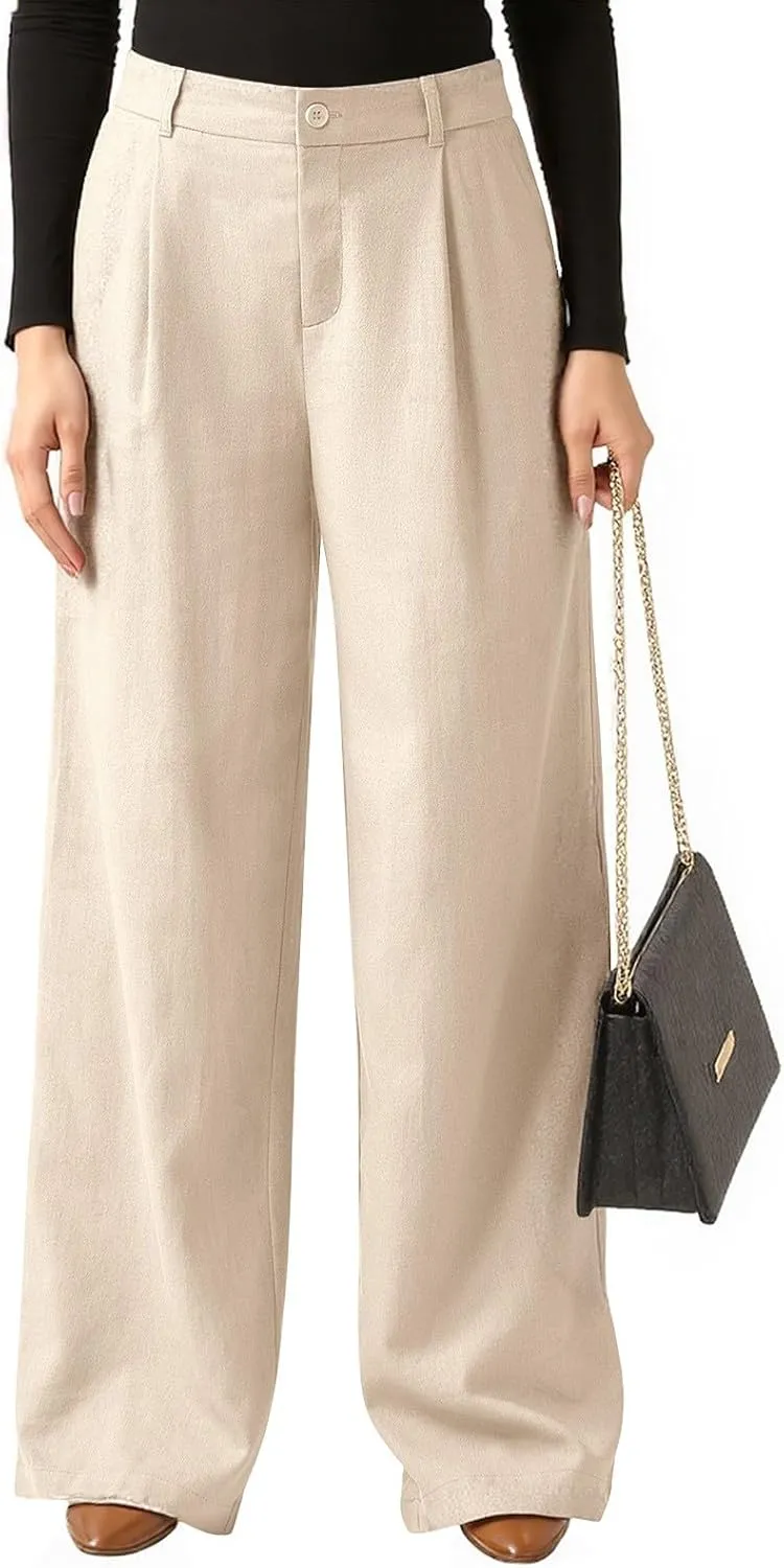 fanmpghleoo Linen Pants Women Summer Elastic High Waisted Wide Leg Dress Pants Business Casual Linen Trousers with Pockets