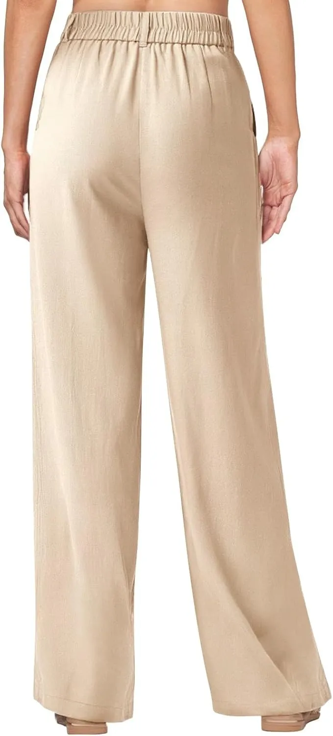fanmpghleoo Linen Pants Women Summer Elastic High Waisted Wide Leg Dress Pants Business Casual Linen Trousers with Pockets