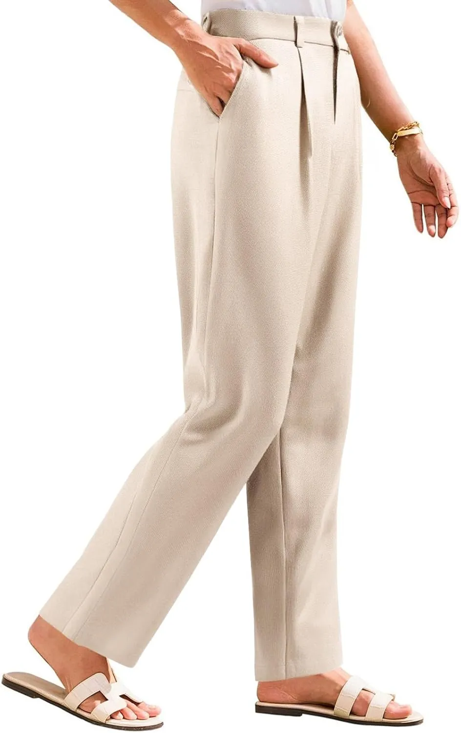 fanmpghleoo Linen Pants Women Summer Elastic High Waisted Wide Leg Dress Pants Business Casual Linen Trousers with Pockets