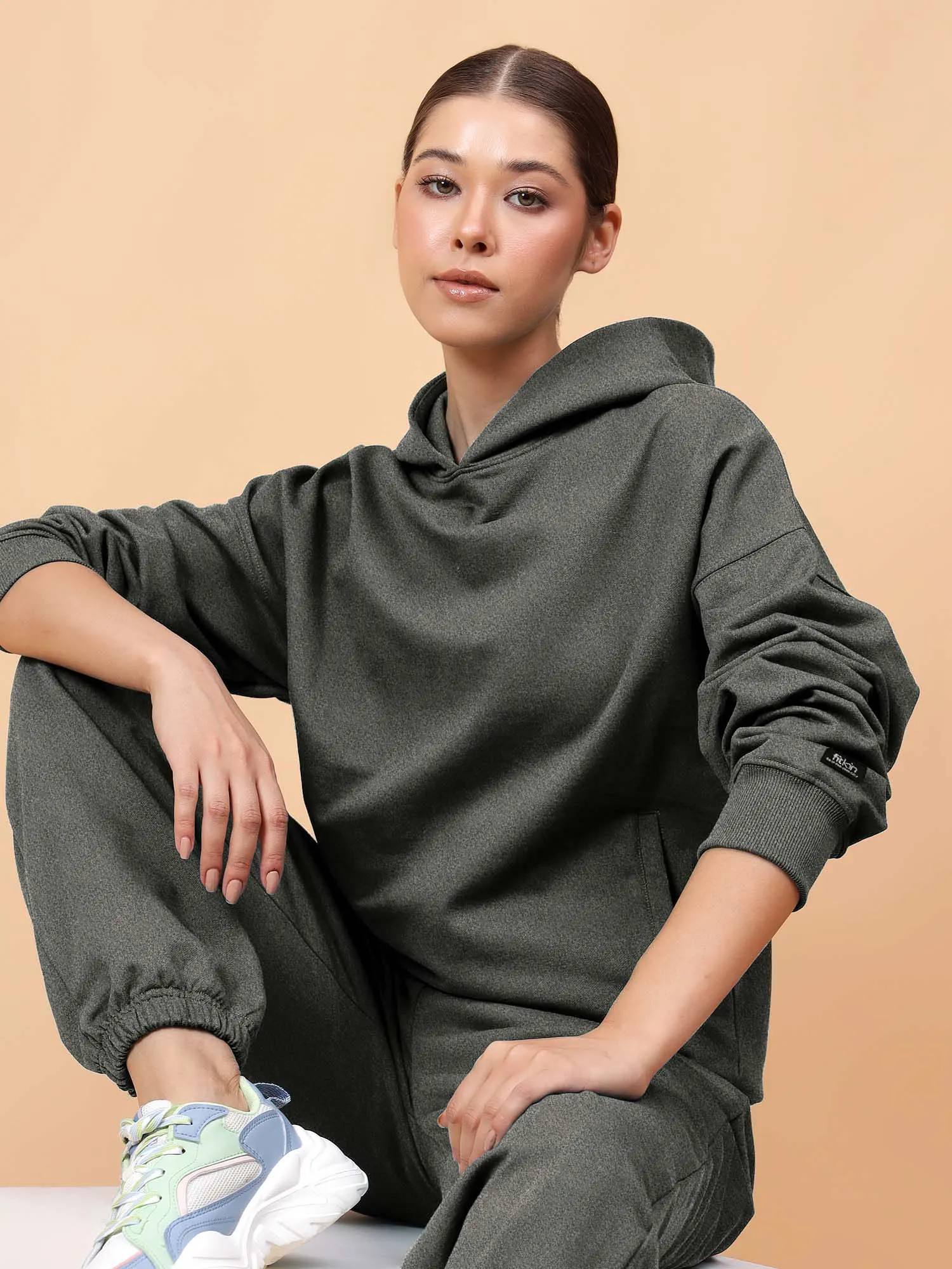 Fitkin Women Grey Melange CozyCore Fleece Hoodie