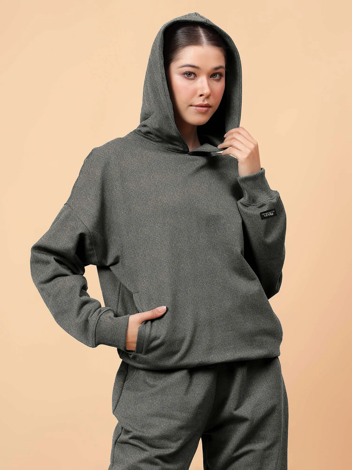 Fitkin Women Grey Melange CozyCore Fleece Hoodie
