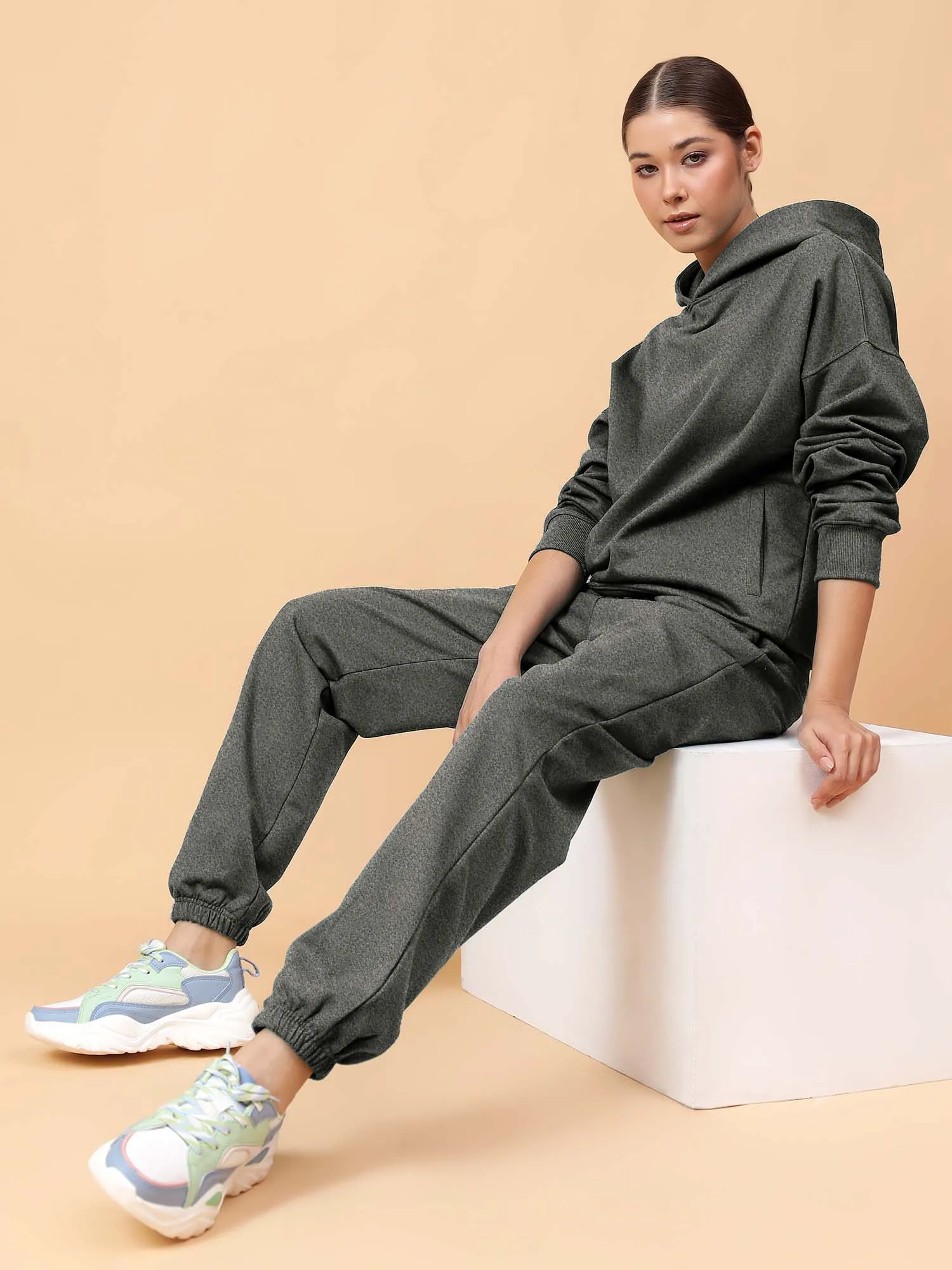 Fitkin Women Grey Melange CozyCore Fleece Hoodie