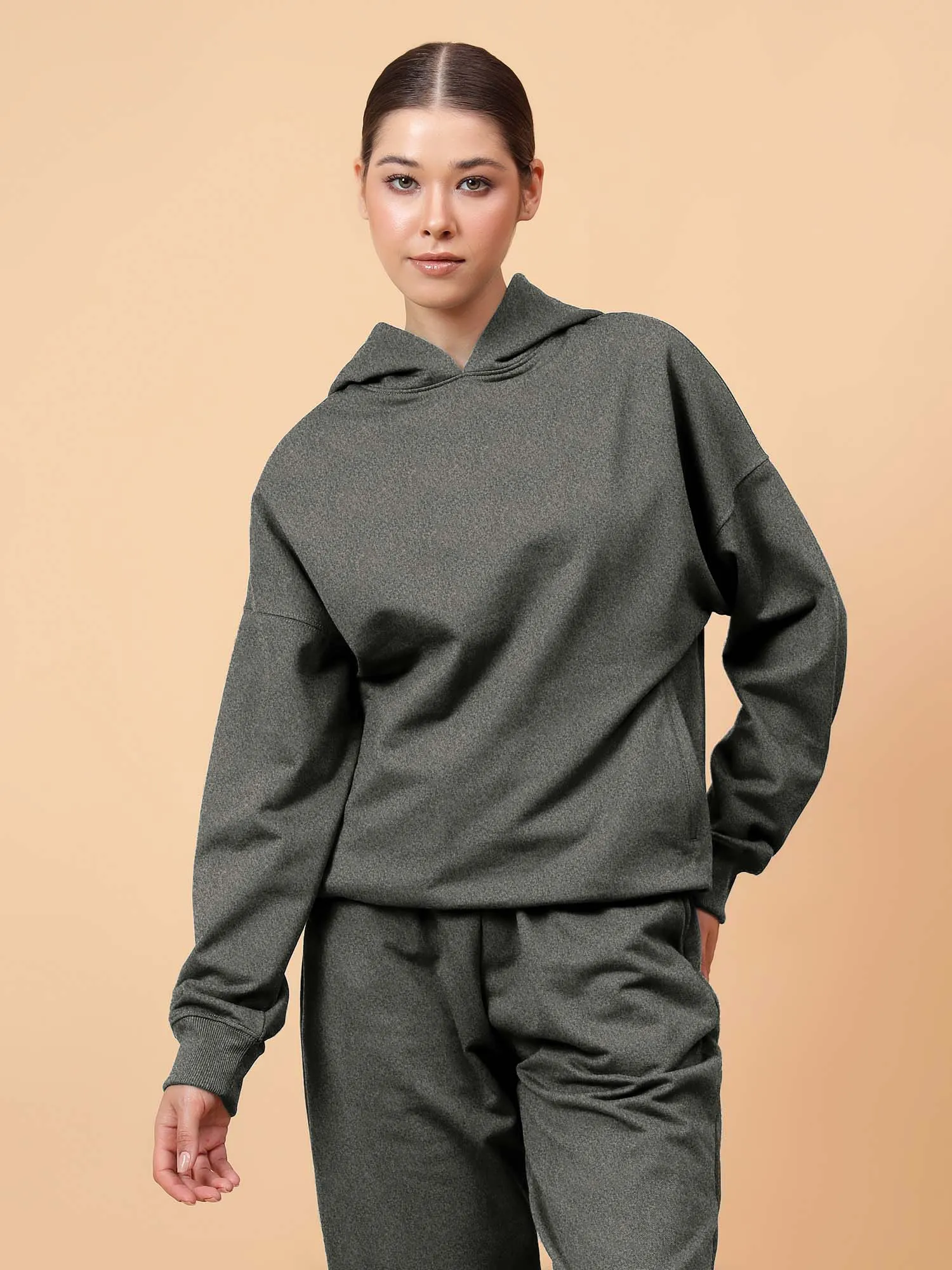 Fitkin Women Grey Melange CozyCore Fleece Hoodie