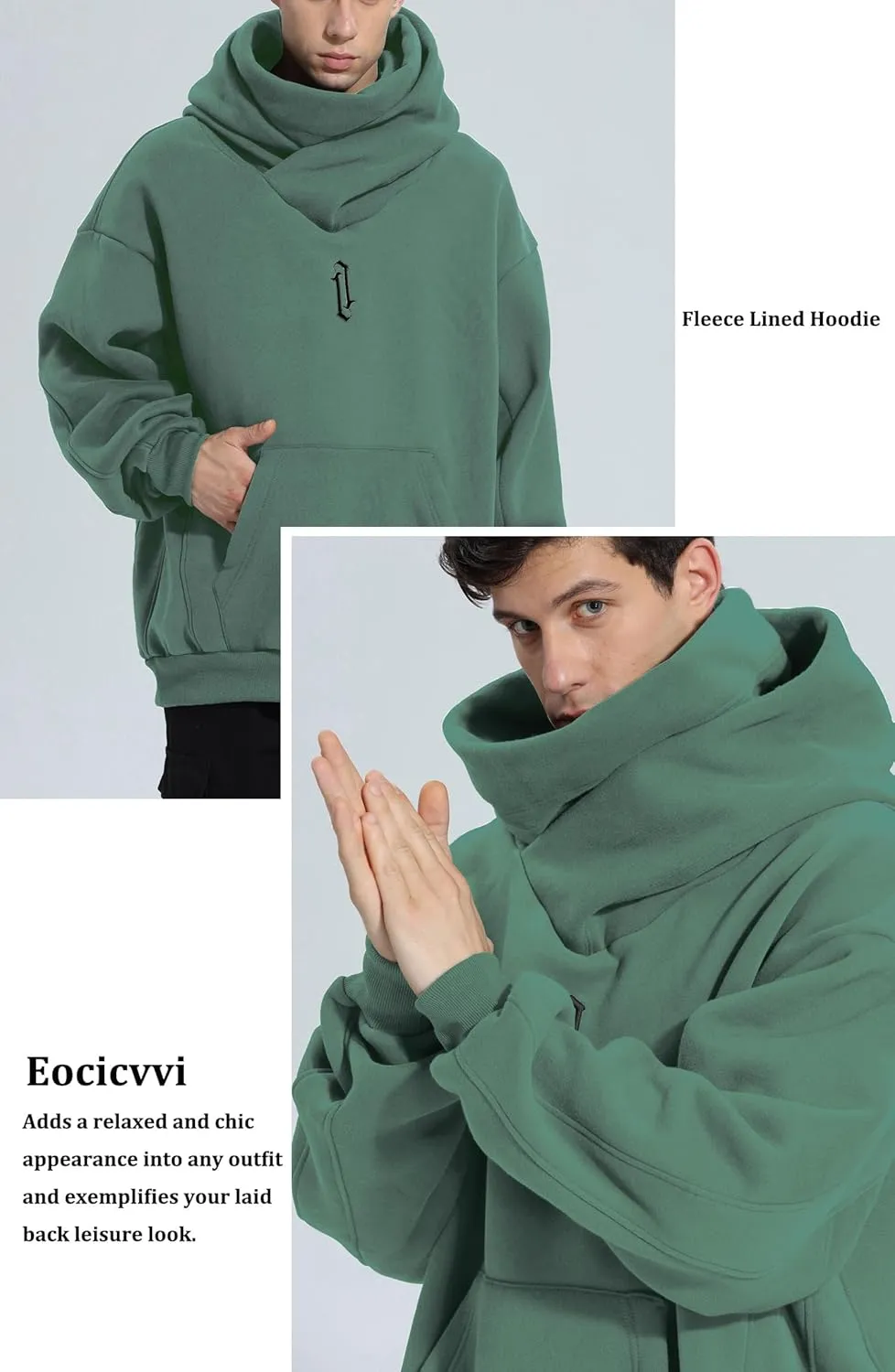 Fleece Hoodies for Men Cowl Neck Sweatshirts Casual Pullover Fall Winter Loose Fit Tops with Embroidery