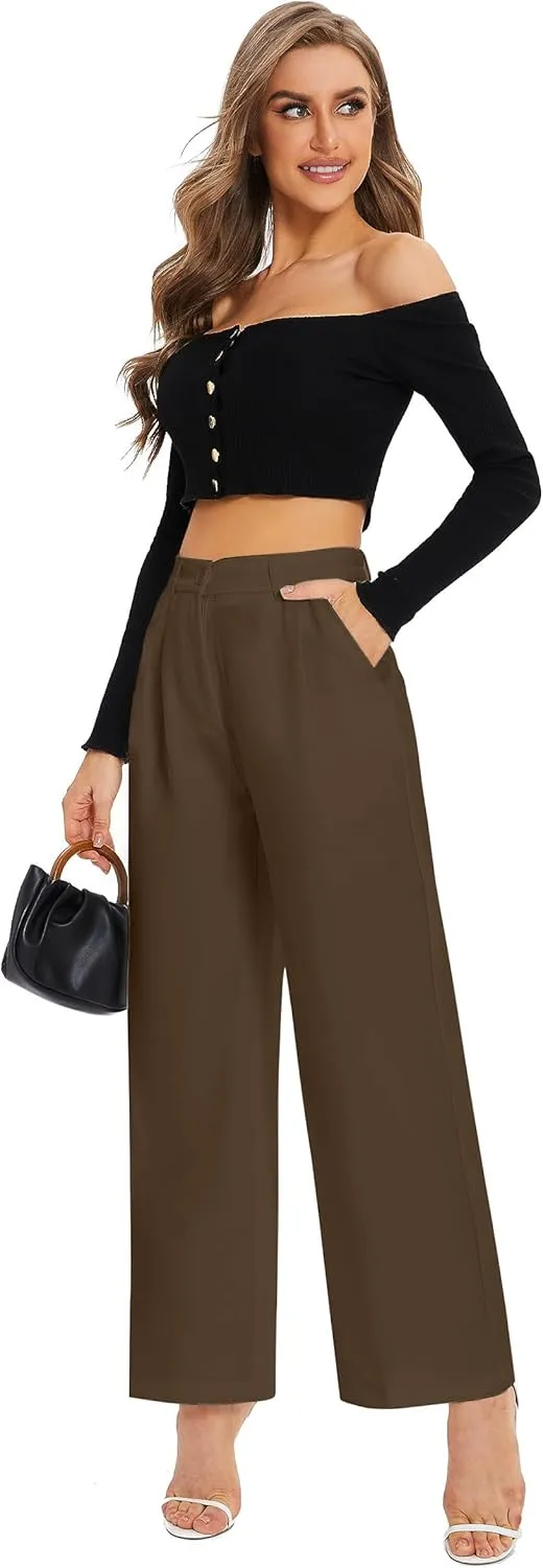 FUNYYZO Wide Leg Pants Women's High Elastic Waisted in The Back Business Work Trousers Long Straight Suit Pants