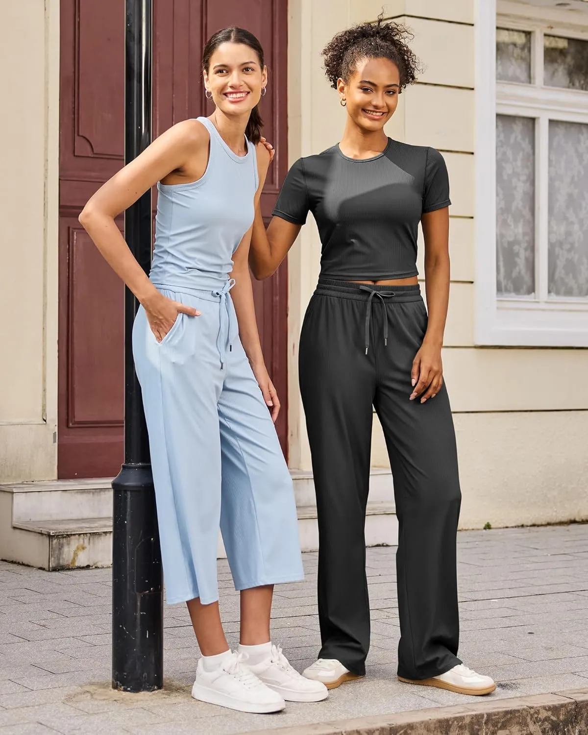 G4Free Ribbed Wide Leg Yoga Pants for Women with Pockets Drawstring High Waist Casual Lounge Pants Petite/Regular/Tall