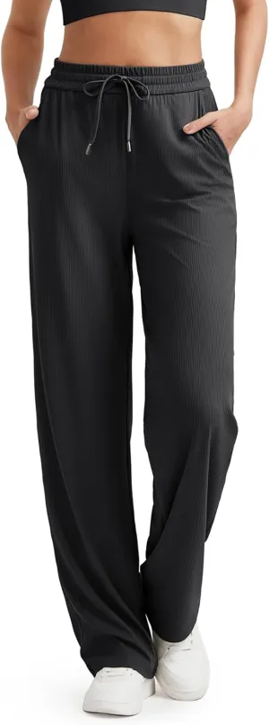 G4Free Ribbed Wide Leg Yoga Pants for Women with Pockets Drawstring High Waist Casual Lounge Pants Petite/Regular/Tall