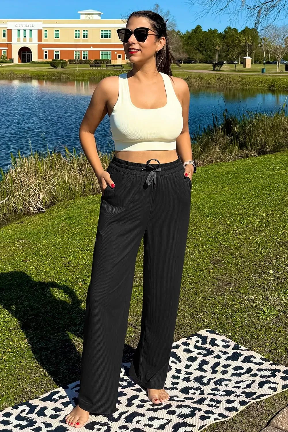 G4Free Ribbed Wide Leg Yoga Pants for Women with Pockets Drawstring High Waist Casual Lounge Pants Petite/Regular/Tall
