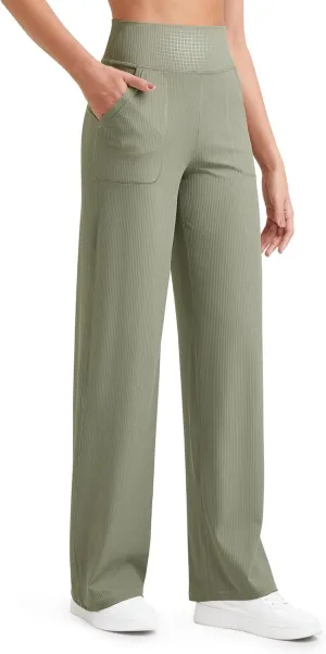 G4Free Women Casual Ribbed Wide Leg Pants with Pockets Lightweight High Waist Yoga Pants Petite/Regular/Tall