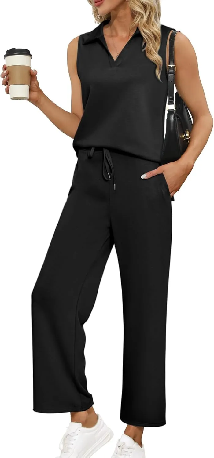 Glamaker Women's 2 Piece Outfits Summer Sleeveless Tops Wide Leg Pants Lounge Set Sweatsuits Tracksuits with Pockets