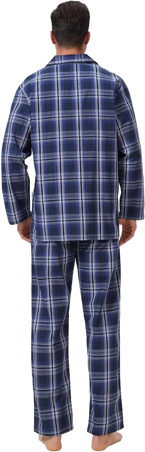 GLOBAL Pajamas for Men Pj Set 100% Cotton Pajama Long Sleeve/Pants Plaids Loungewear sets