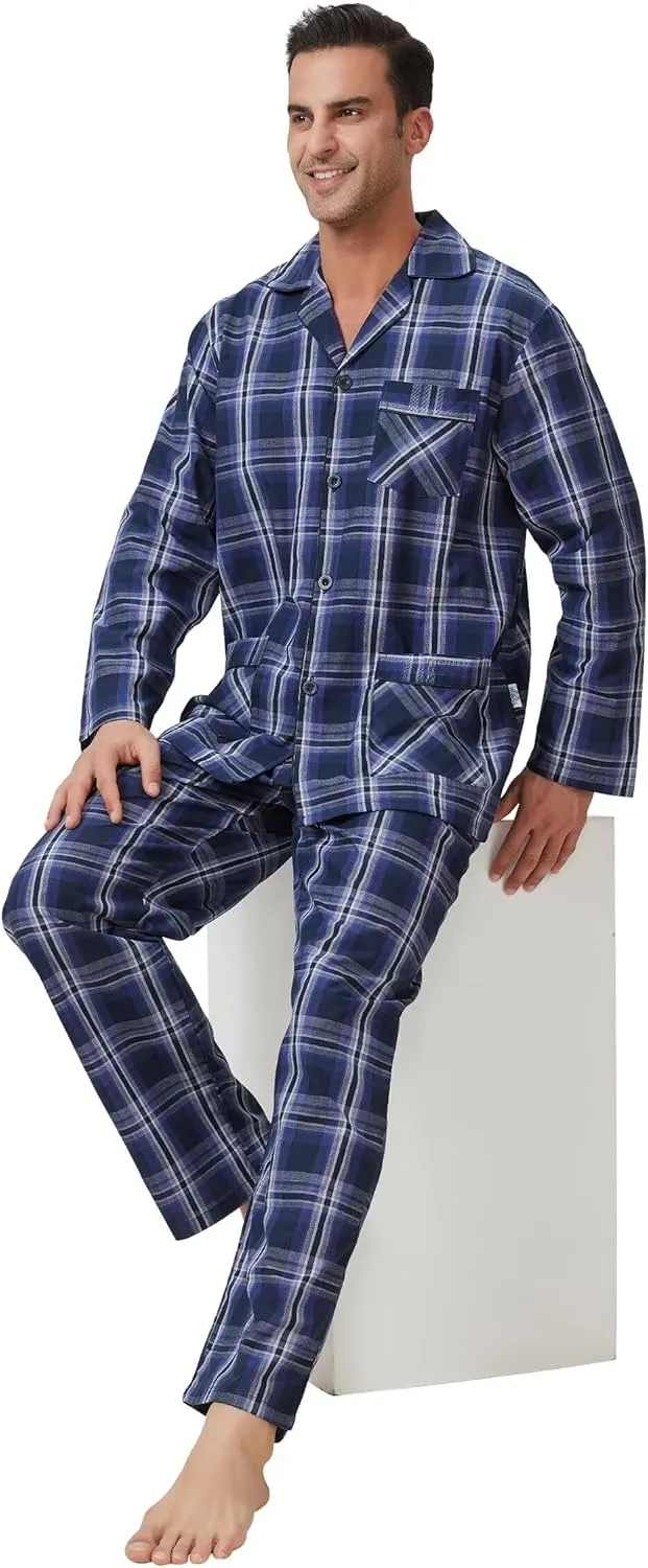 GLOBAL Pajamas for Men Pj Set 100% Cotton Pajama Long Sleeve/Pants Plaids Loungewear sets