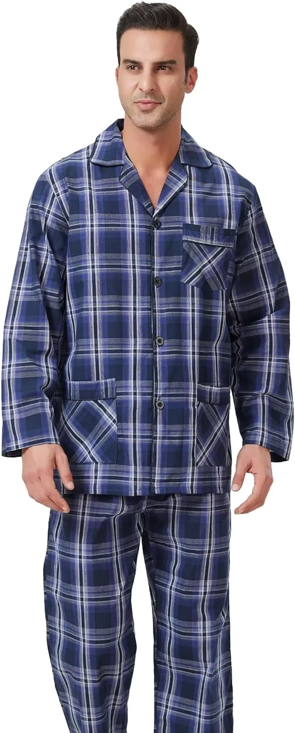 GLOBAL Pajamas for Men Pj Set 100% Cotton Pajama Long Sleeve/Pants Plaids Loungewear sets