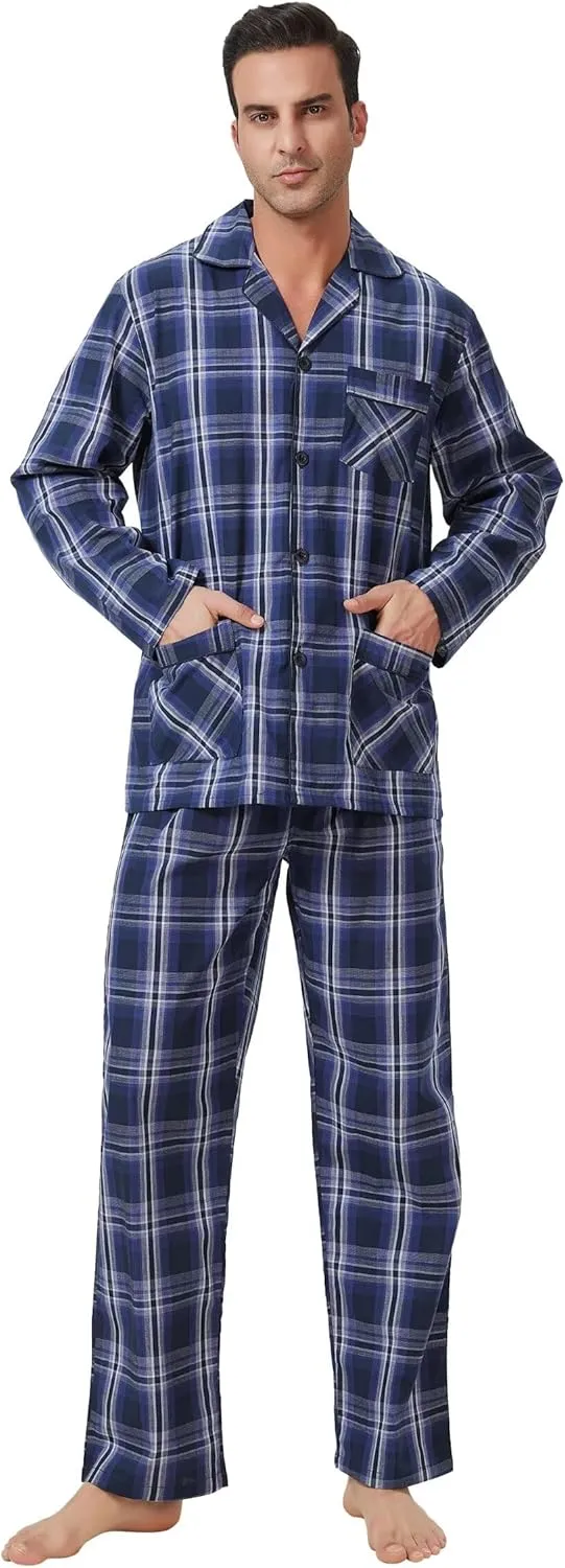 GLOBAL Pajamas for Men Pj Set 100% Cotton Pajama Long Sleeve/Pants Plaids Loungewear sets