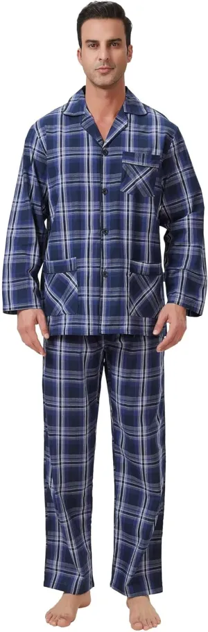 GLOBAL Pajamas for Men Pj Set 100% Cotton Pajama Long Sleeve/Pants Plaids Loungewear sets