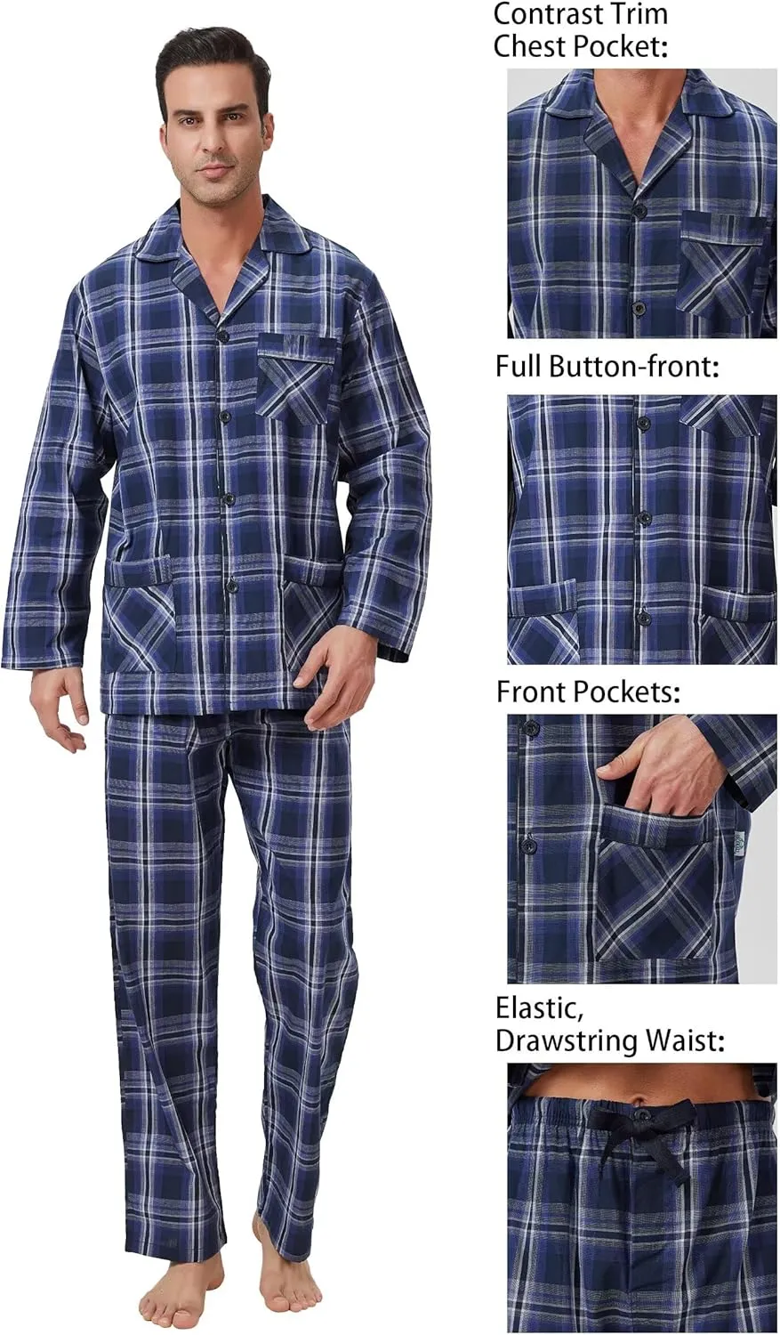 GLOBAL Pajamas for Men Pj Set 100% Cotton Pajama Long Sleeve/Pants Plaids Loungewear sets