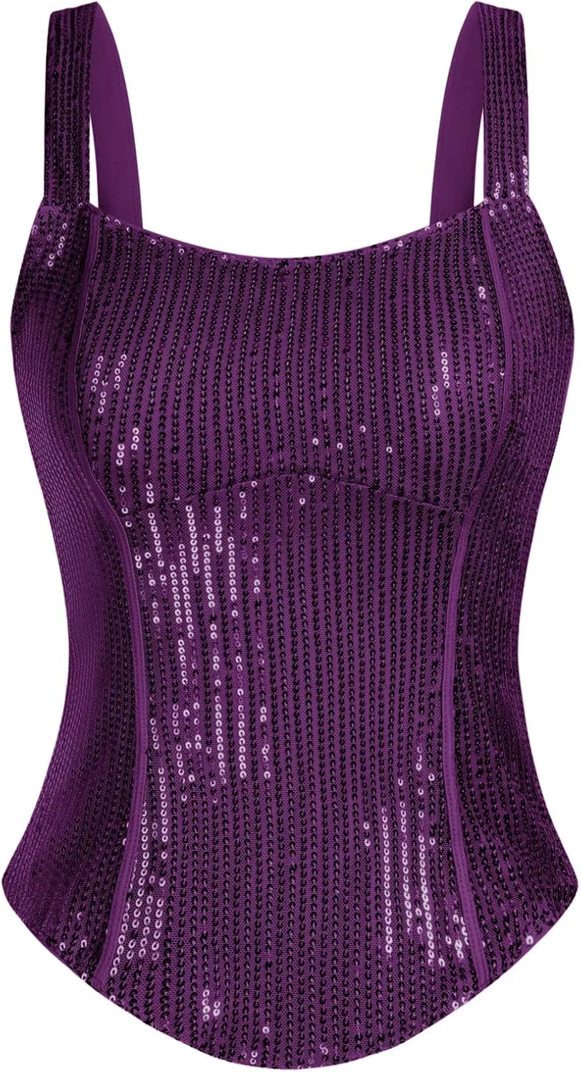GRACE KARIN Sequin Tank Tops for Women Bustier Corset Top Sparkle Sexy Slim Camisole Sleeveless Party