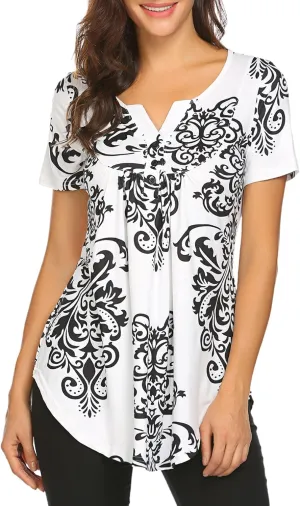 Halife Women's Floral Printed Short Sleeve Henley V Neck T-Shirt Pleated Casual Flowy Tunic Blouse Tops