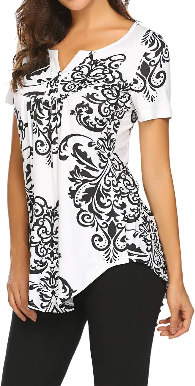 Halife Women's Floral Printed Short Sleeve Henley V Neck T-Shirt Pleated Casual Flowy Tunic Blouse Tops