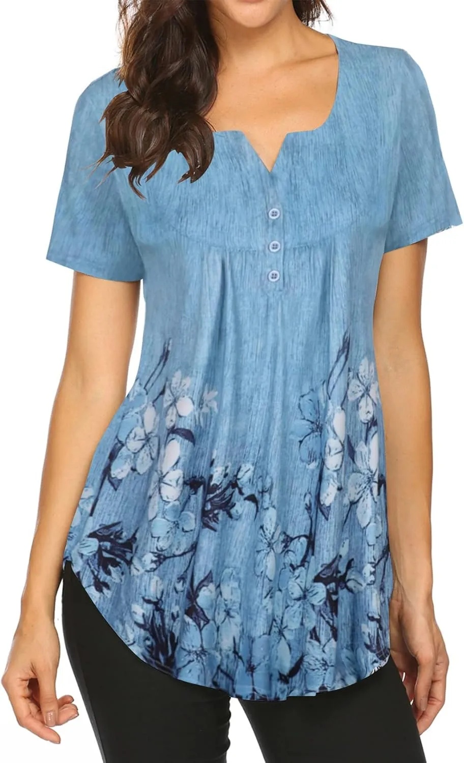 Halife Women's Floral Printed Short Sleeve Henley V Neck T-Shirt Pleated Casual Flowy Tunic Blouse Tops