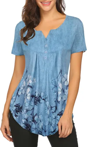 Halife Women's Floral Printed Short Sleeve Henley V Neck T-Shirt Pleated Casual Flowy Tunic Blouse Tops