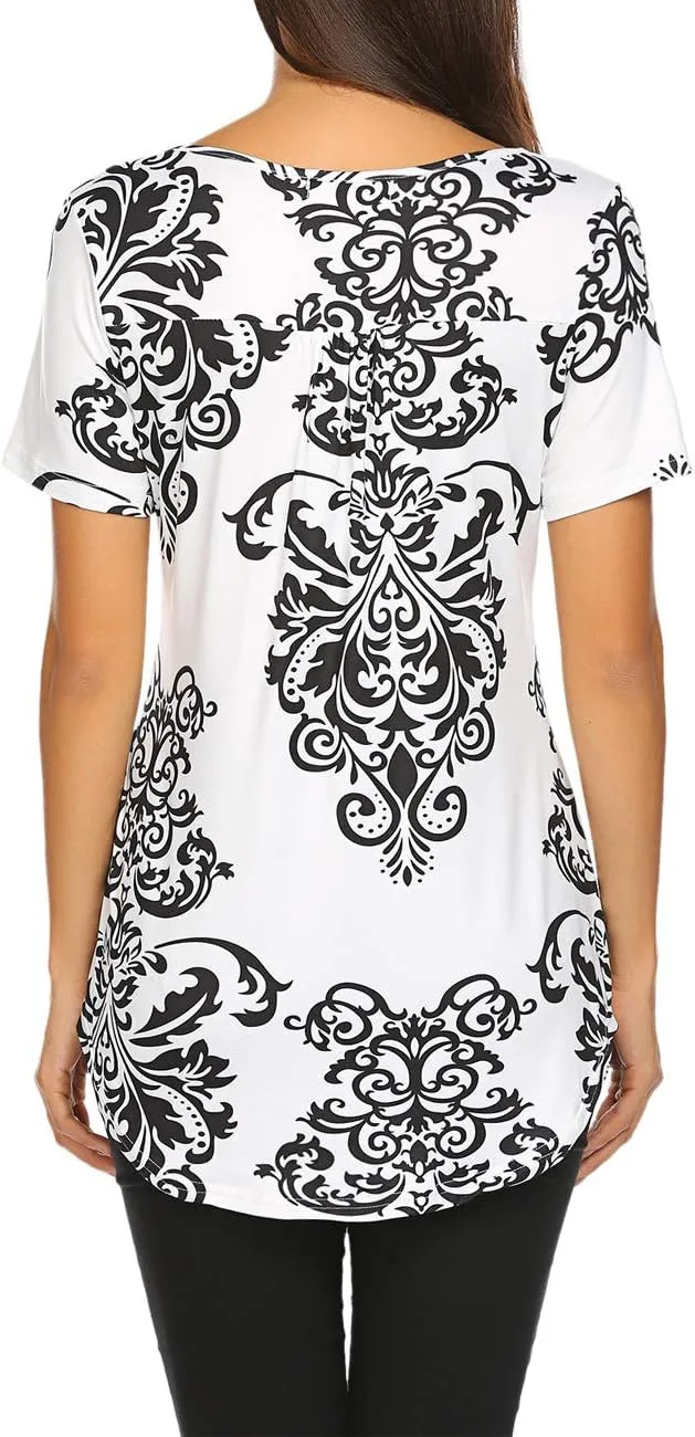 Halife Women's Floral Printed Short Sleeve Henley V Neck T-Shirt Pleated Casual Flowy Tunic Blouse Tops