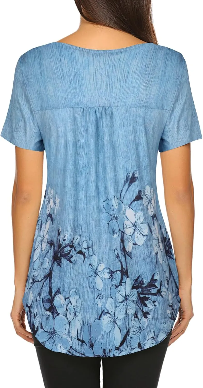 Halife Women's Floral Printed Short Sleeve Henley V Neck T-Shirt Pleated Casual Flowy Tunic Blouse Tops
