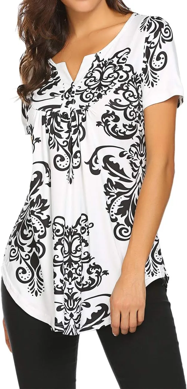 Halife Women's Floral Printed Short Sleeve Henley V Neck T-Shirt Pleated Casual Flowy Tunic Blouse Tops