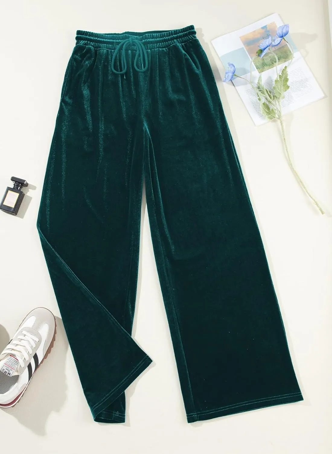 Herseas Women's Velvet Pants Drawstring Waist Wide Leg Casual Lounge Pant