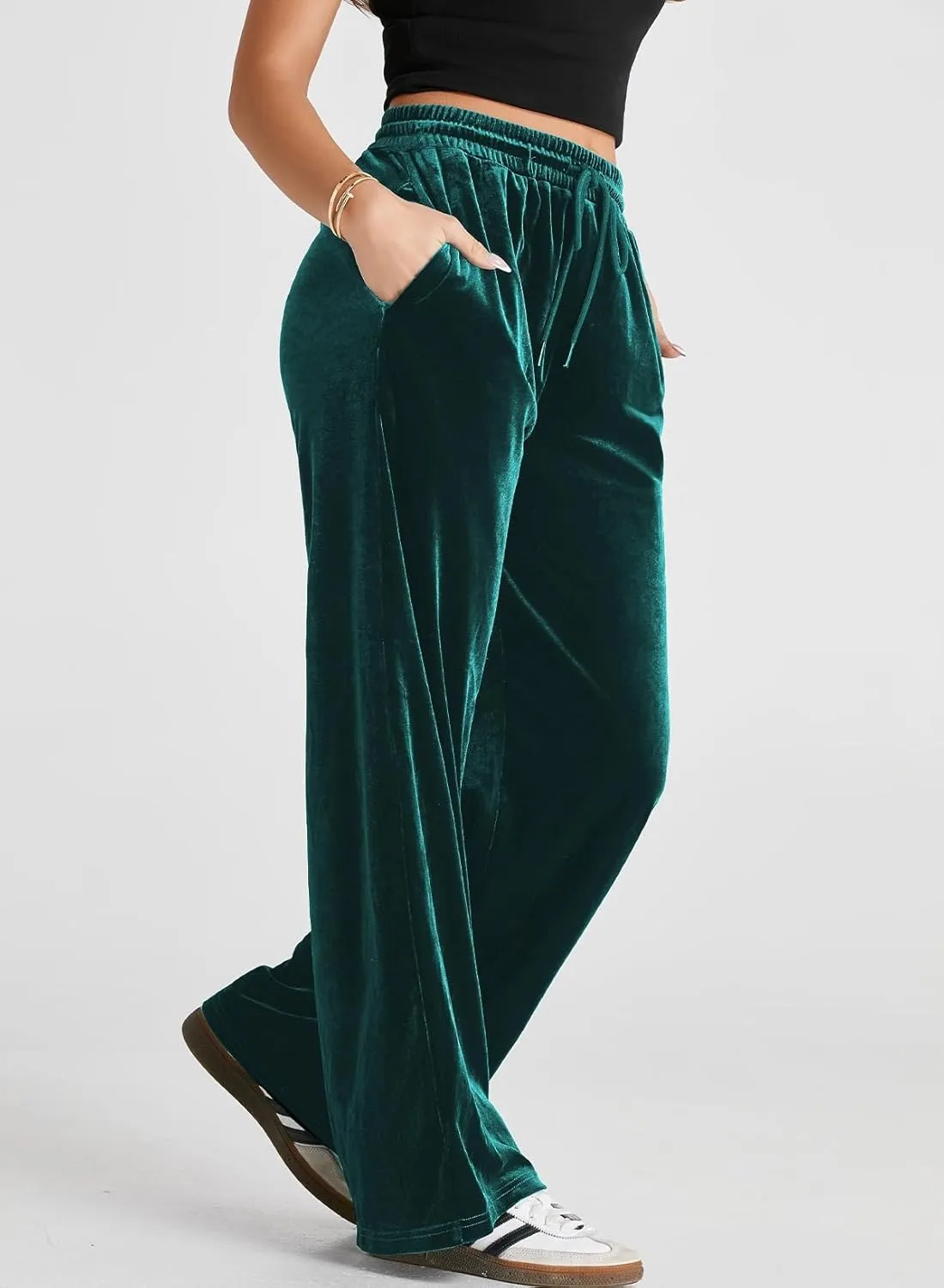 Herseas Women's Velvet Pants Drawstring Waist Wide Leg Casual Lounge Pant