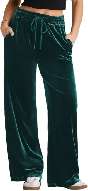Herseas Women's Velvet Pants Drawstring Waist Wide Leg Casual Lounge Pant