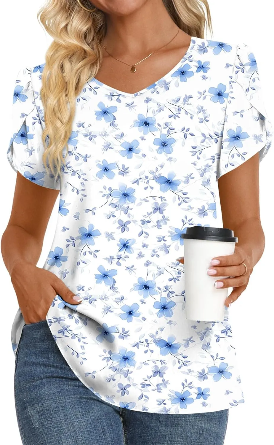 HOTGIFT Womens Tunic Tops 2025 Summer Short Sleeve V Neck Chiffon T Shirt M-3XL